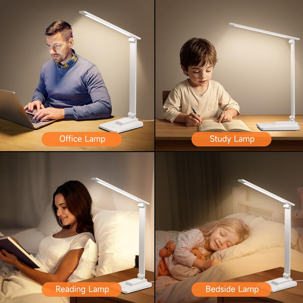LED Desk Lamp with 15 Adjustable Modes, Dimmable Bedside Lighting, Timer Function, Multi-Powered for Study and Reading, Ideal for Bedroom, Home, and Office Use