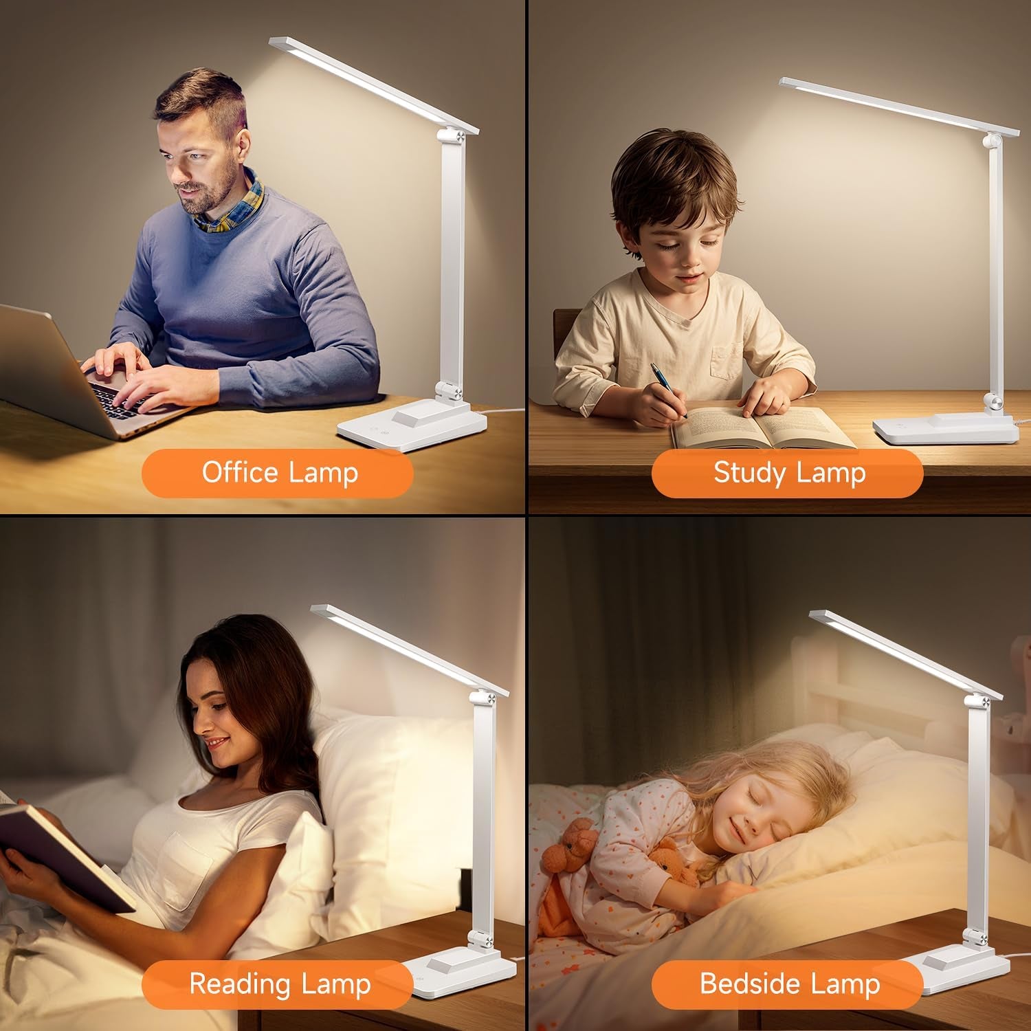 LED Desk Lamp with 15 Adjustable Modes, Dimmable Bedside Lighting, Timer Function, Multi-Powered for Study and Reading, Ideal for Bedroom, Home, and Office Use