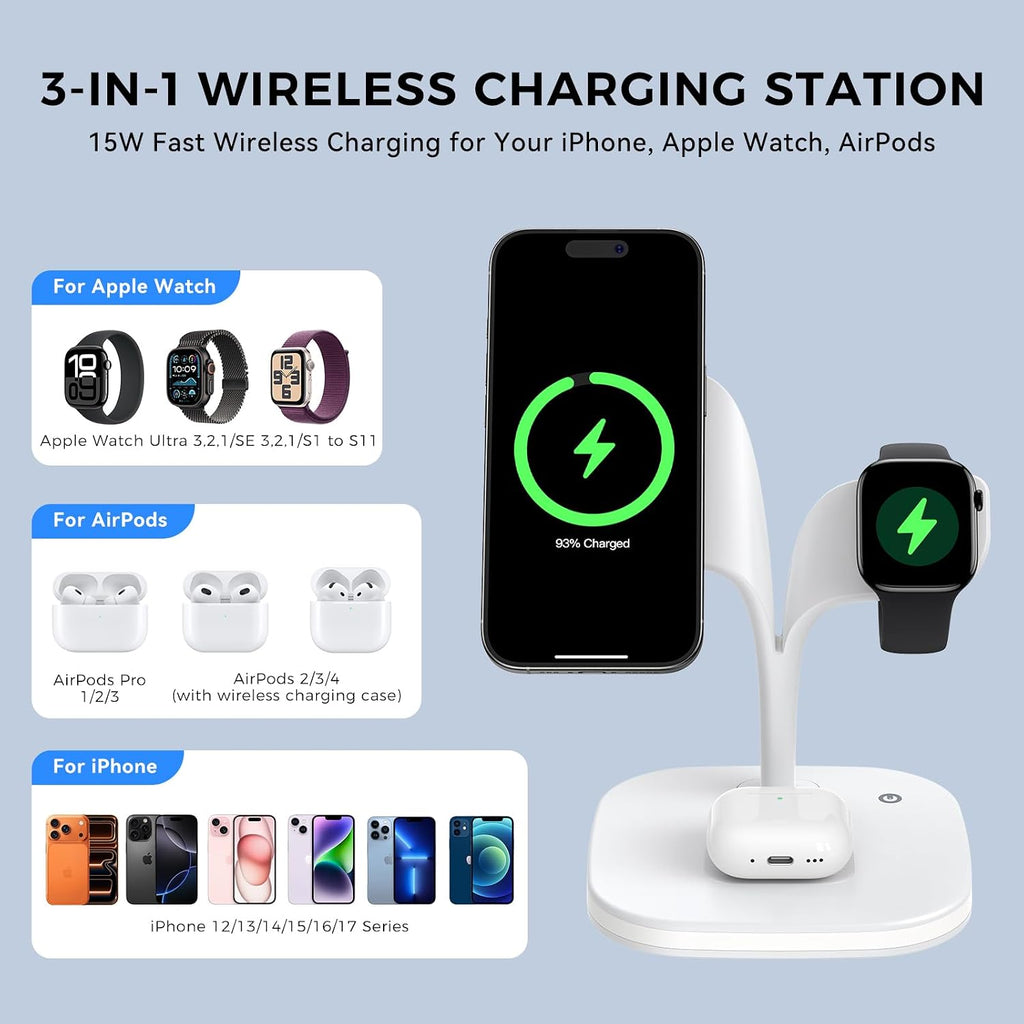 3 in 1 Wireless Charging Station for Apple Magsafe Charger for Iphone 17E Air 17 16 15 14 13 12 Series, Magnetic Stand for Apple Watch 11/10/9/8/7/6/5/4/3/2/Ultra/Se, for Airpods Pro/3/2(With 20W PD)