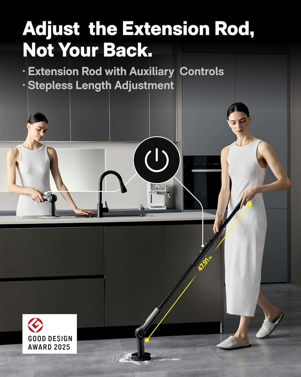 Flexi™ Electric Cleaning Brush with Adjustable Angle, Extendable Handle, Smart Display, IPX7 Waterproof Rating, and 8 Replaceable Brush Heads for Bathroom and Tile Cleaning