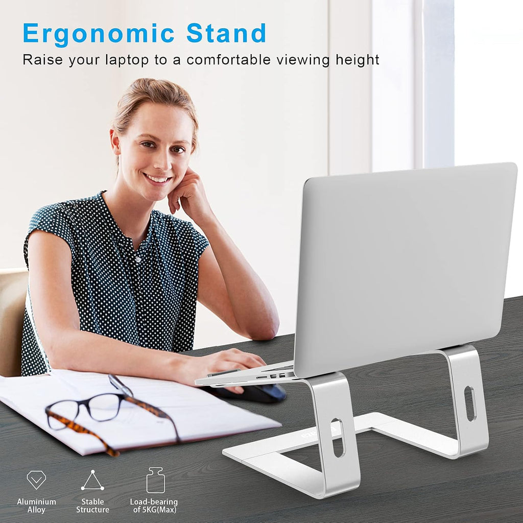 Aluminum Portable Laptop Stand with Ventilation, Compatible with 10-14'' MacBook Pro/Air, Dell, HP, Samsung, and Acer (Silver)