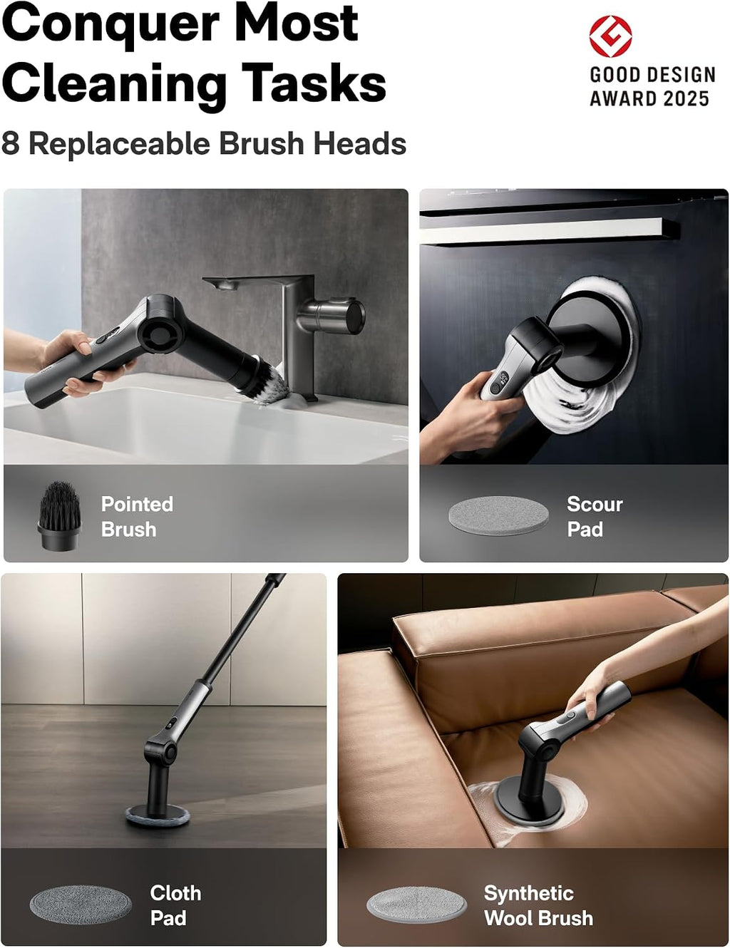 Flexi™ Electric Cleaning Brush with Adjustable Angle, Extendable Handle, Smart Display, IPX7 Waterproof Rating, and 8 Replaceable Brush Heads for Bathroom and Tile Cleaning