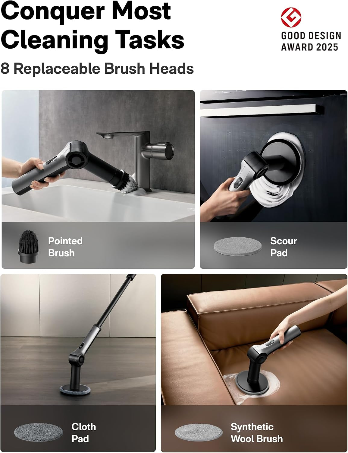 Flexi™ Electric Cleaning Brush with Adjustable Angle, Extendable Handle, Smart Display, IPX7 Waterproof Rating, and 8 Replaceable Brush Heads for Bathroom and Tile Cleaning