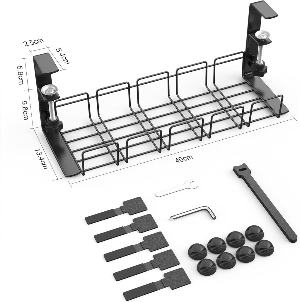 Under-Desk Cable Management Tray - No Drill, Screwless Wire Organizer for Power Strips and Cables, Ideal for Home, Office, Kitchen, and Standing Desks, Black