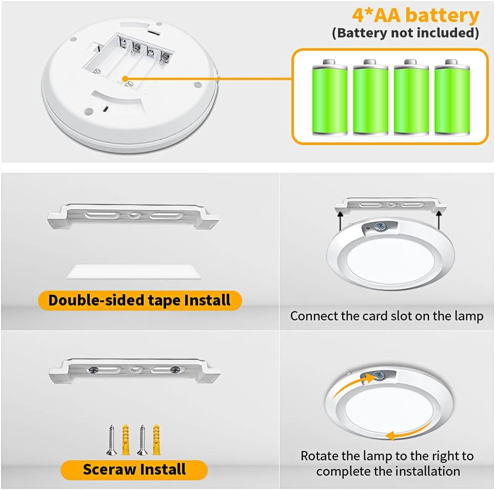 Battery-Operated Motion Sensor Ceiling Light - 6.5'' Wireless LED Indoor Lighting for Shed, Loft, Porch, Toilet, Garage, Stair, Hallway, and Cupboard - 210LM Warm Light