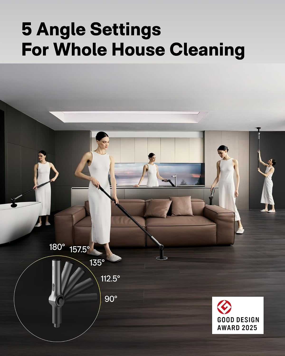 Flexi™ Electric Cleaning Brush with Adjustable Angle, Extendable Handle, Smart Display, IPX7 Waterproof Rating, and 8 Replaceable Brush Heads for Bathroom and Tile Cleaning