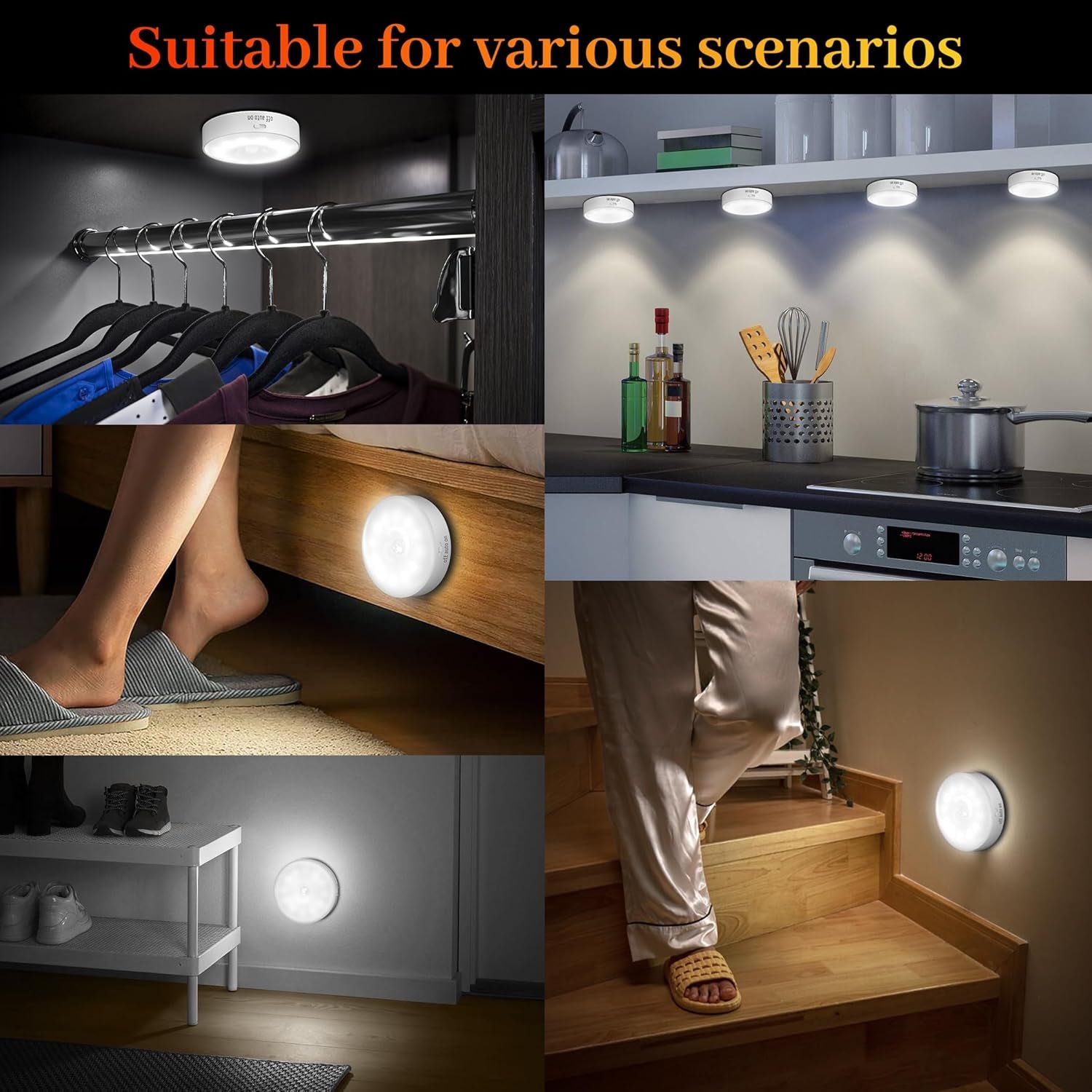 Indoor Motion Sensor Lights - 6 Pack Wireless USB Rechargeable Puck Lights for Cabinets, Stairs, Wardrobes, and Corridors