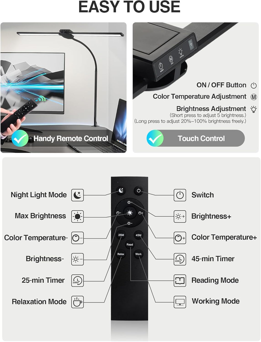 LED Desk Lamp with Clamp - 5 Color Modes & 9 Brightness Levels, 1200 Lumen, 12W for Home Office, Remote Control & Timer, Ideal for Study, Reading, Workbench, and Crafting