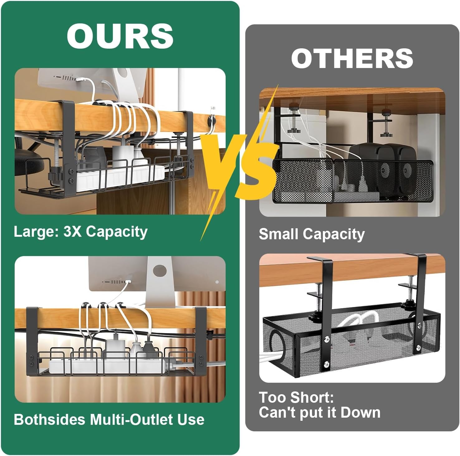Under-Desk Cable Management Tray - No Drill, Screwless Wire Organizer for Power Strips and Cables, Ideal for Home, Office, Kitchen, and Standing Desks, Black