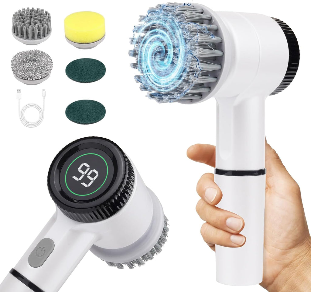 Cordless Electric Spin Scrubber - 5-in-1 Rechargeable Cleaning Brush with 3 Speed Settings and LED Display for Bathroom, Tile, Car, Floor, and Kitchen Cleaning