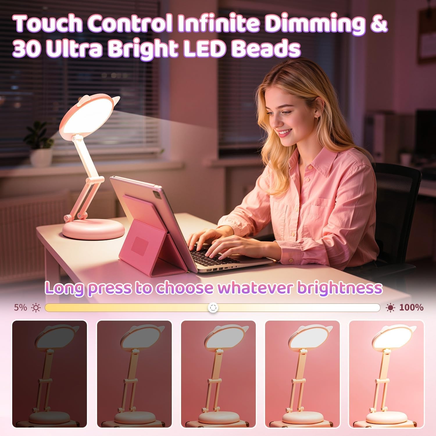 Pink Dimmable Reading Lamp for Kids - 3600mAh Battery with 17 Hours of Use, Ideal for Girls' Bedroom Decor and Bedside Table Accent