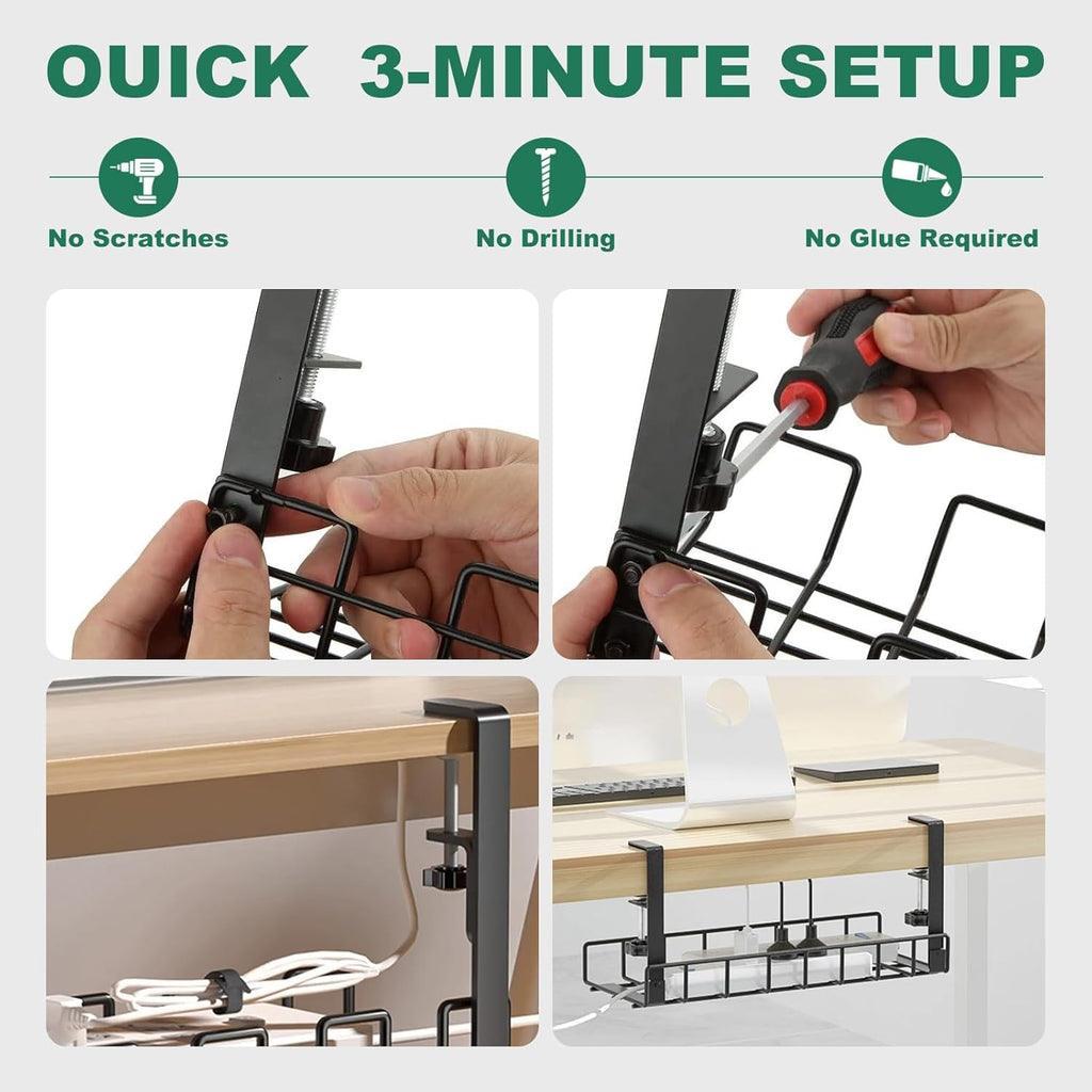 Under-Desk Cable Management Tray - No Drill, Screwless Wire Organizer for Power Strips and Cables, Ideal for Home, Office, Kitchen, and Standing Desks, Black