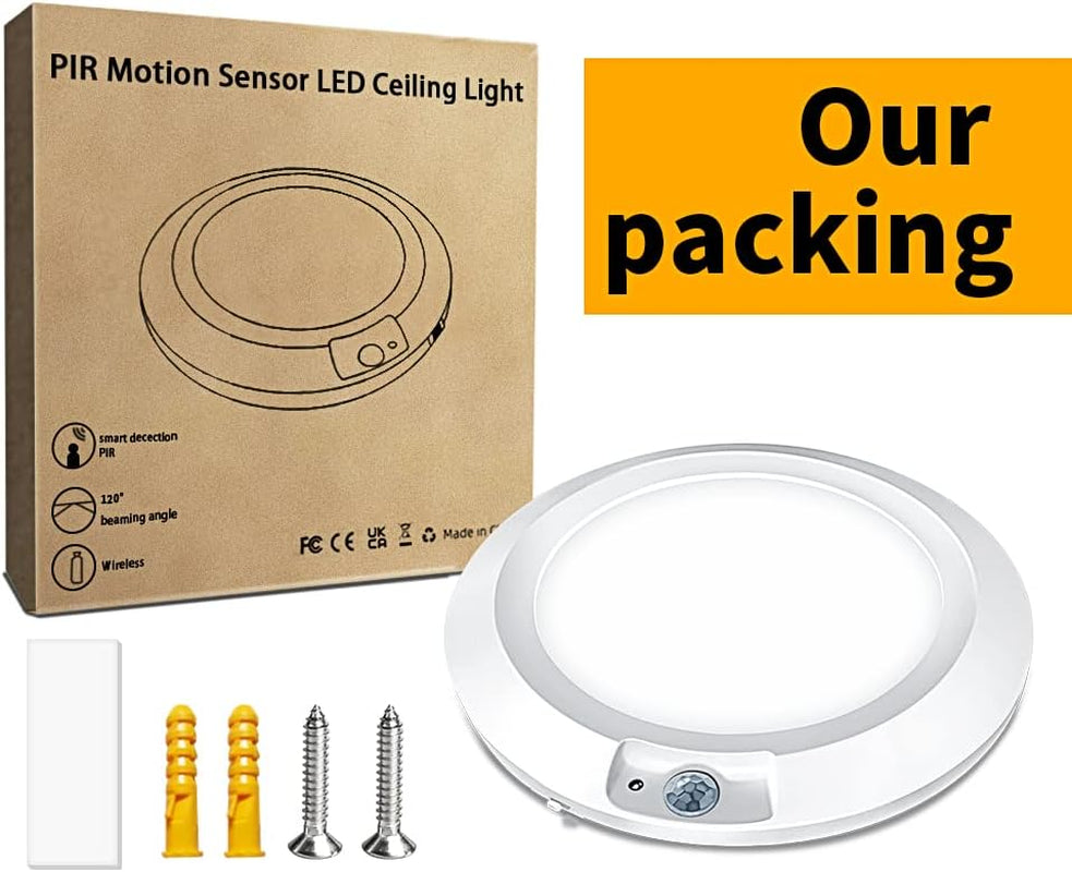 Battery-Operated Motion Sensor Ceiling Light - 6.5'' Wireless LED Indoor Lighting for Shed, Loft, Porch, Toilet, Garage, Stair, Hallway, and Cupboard - 210LM Warm Light