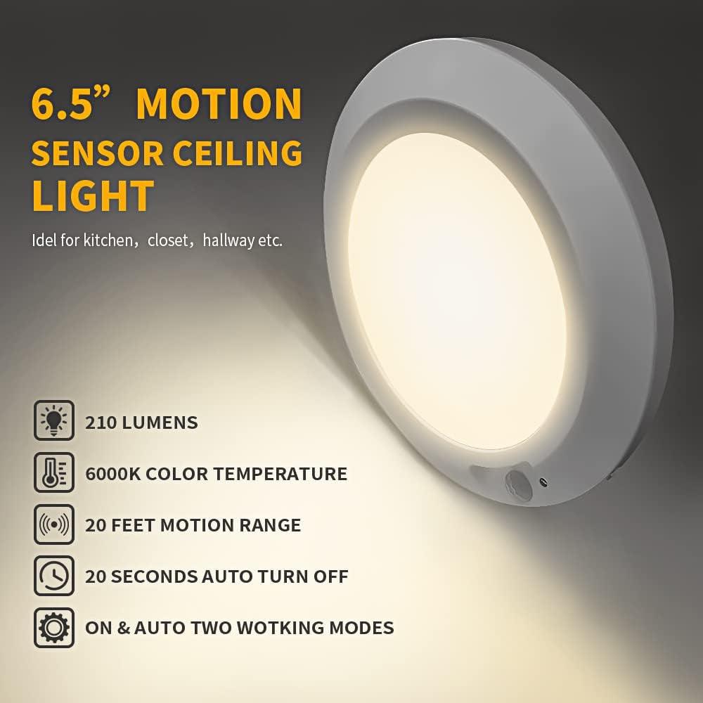 Battery-Operated Motion Sensor Ceiling Light - 6.5'' Wireless LED Indoor Lighting for Shed, Loft, Porch, Toilet, Garage, Stair, Hallway, and Cupboard - 210LM Warm Light
