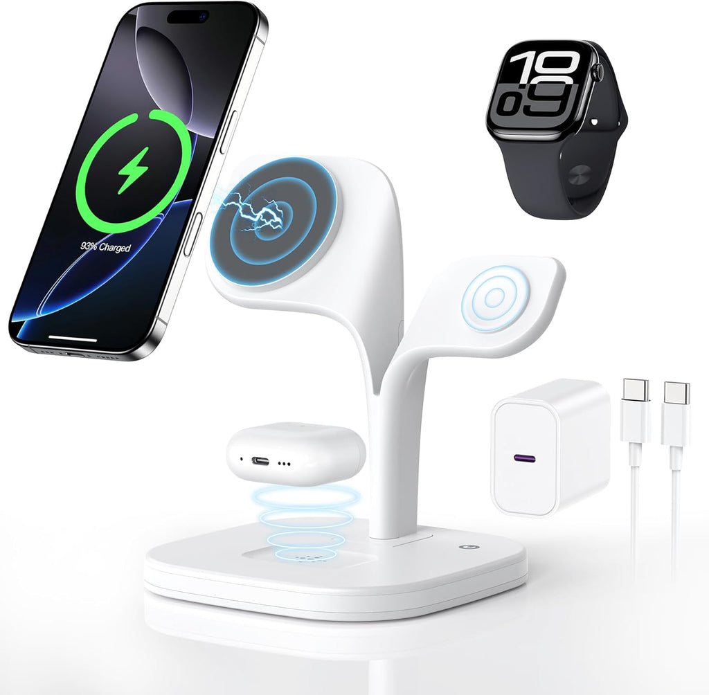 3 in 1 Wireless Charging Station for Apple Magsafe Charger for Iphone 17E Air 17 16 15 14 13 12 Series, Magnetic Stand for Apple Watch 11/10/9/8/7/6/5/4/3/2/Ultra/Se, for Airpods Pro/3/2(With 20W PD)