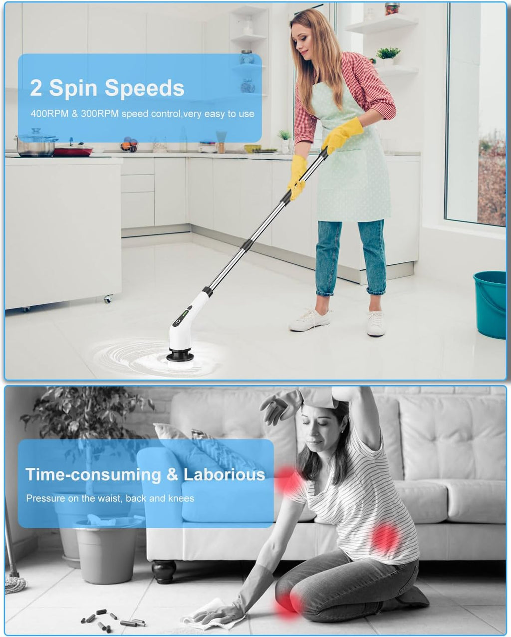 Cordless Electric Spin Scrubber with 8 Replaceable Brush Heads and Extendable Handle for Efficient Bathroom and Kitchen Cleaning, 300/400 RPM Rotation for Floor and Tile Surfaces