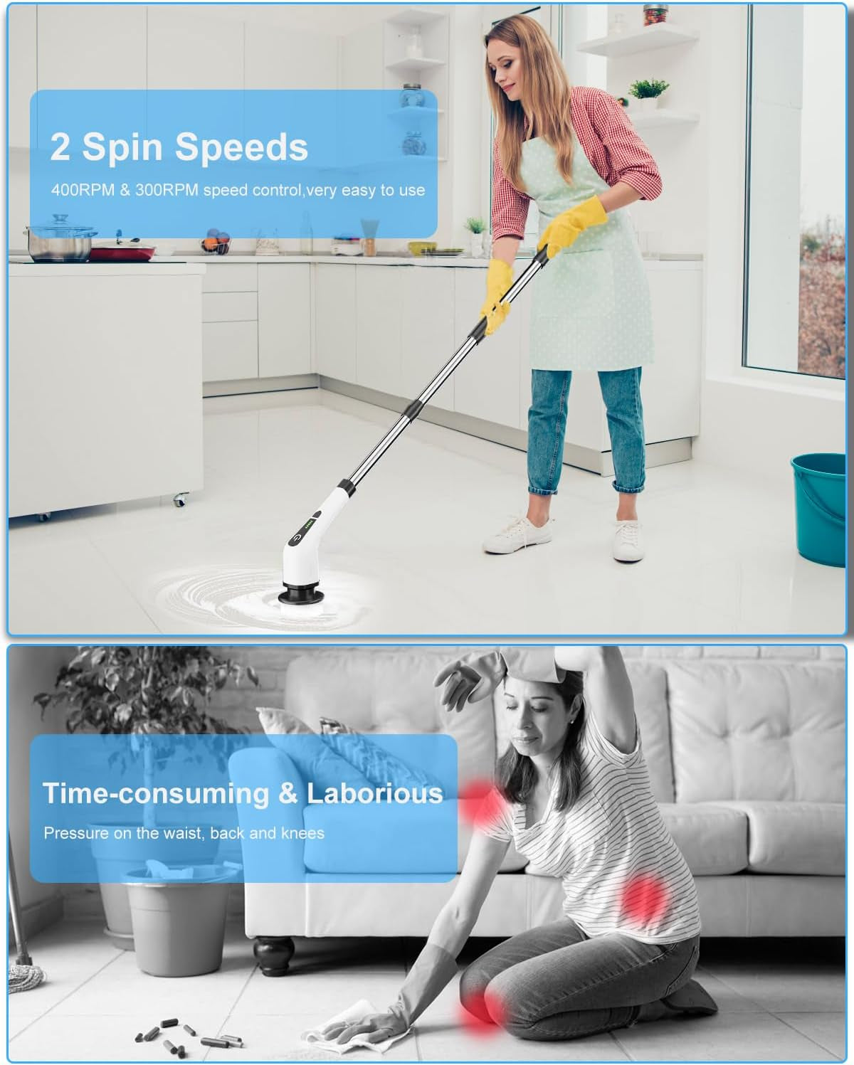 Cordless Electric Spin Scrubber with 8 Replaceable Brush Heads and Extendable Handle for Efficient Bathroom and Kitchen Cleaning, 300/400 RPM Rotation for Floor and Tile Surfaces