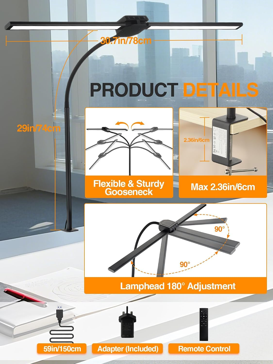LED Desk Lamp with Clamp - 5 Color Modes & 9 Brightness Levels, 1200 Lumen, 12W for Home Office, Remote Control & Timer, Ideal for Study, Reading, Workbench, and Crafting