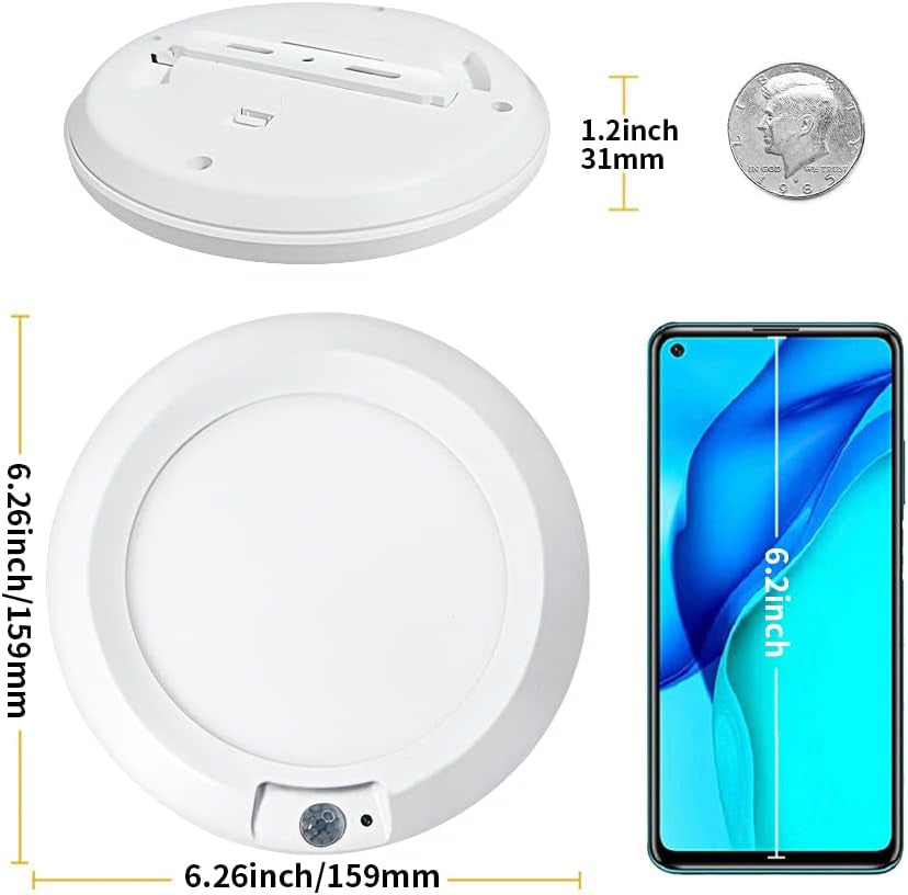 Battery-Operated Motion Sensor Ceiling Light - 6.5'' Wireless LED Indoor Lighting for Shed, Loft, Porch, Toilet, Garage, Stair, Hallway, and Cupboard - 210LM Warm Light