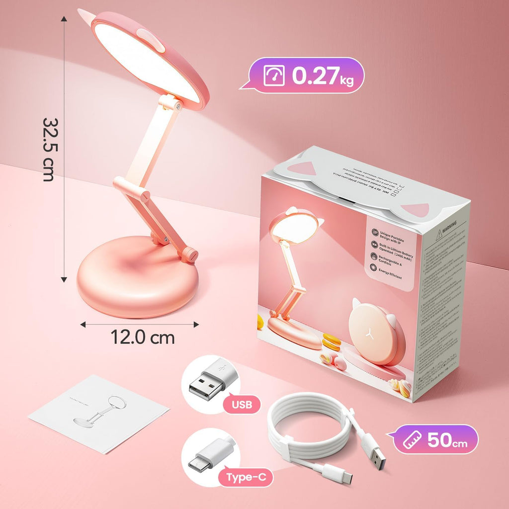 Pink Dimmable Reading Lamp for Kids - 3600mAh Battery with 17 Hours of Use, Ideal for Girls' Bedroom Decor and Bedside Table Accent