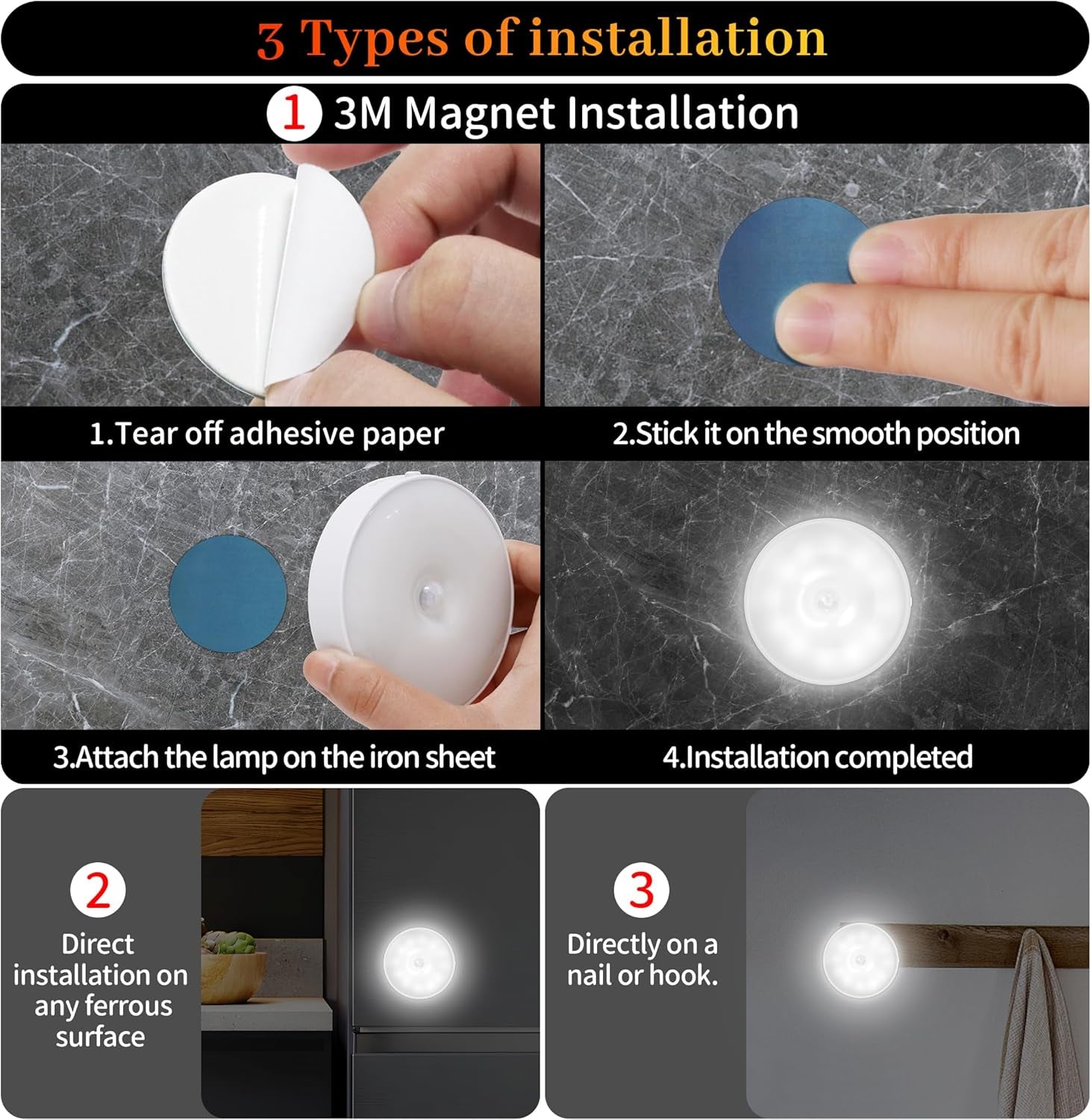 Indoor Motion Sensor Lights - 6 Pack Wireless USB Rechargeable Puck Lights for Cabinets, Stairs, Wardrobes, and Corridors
