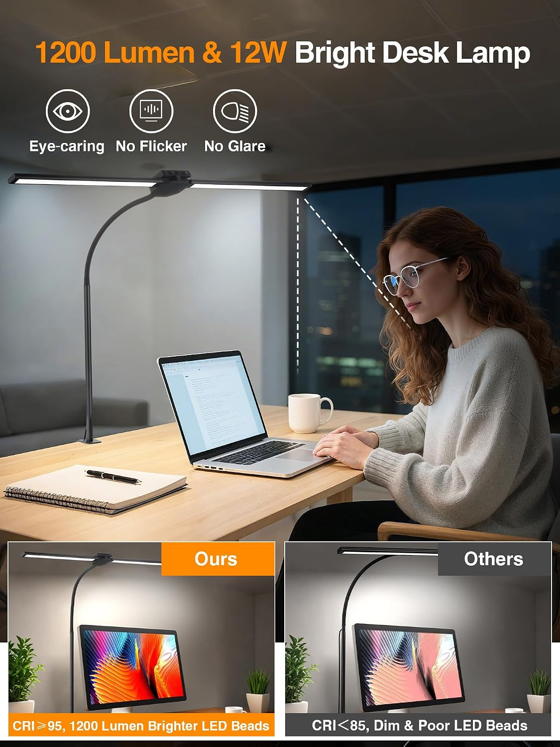 LED Desk Lamp with Clamp - 5 Color Modes & 9 Brightness Levels, 1200 Lumen, 12W for Home Office, Remote Control & Timer, Ideal for Study, Reading, Workbench, and Crafting