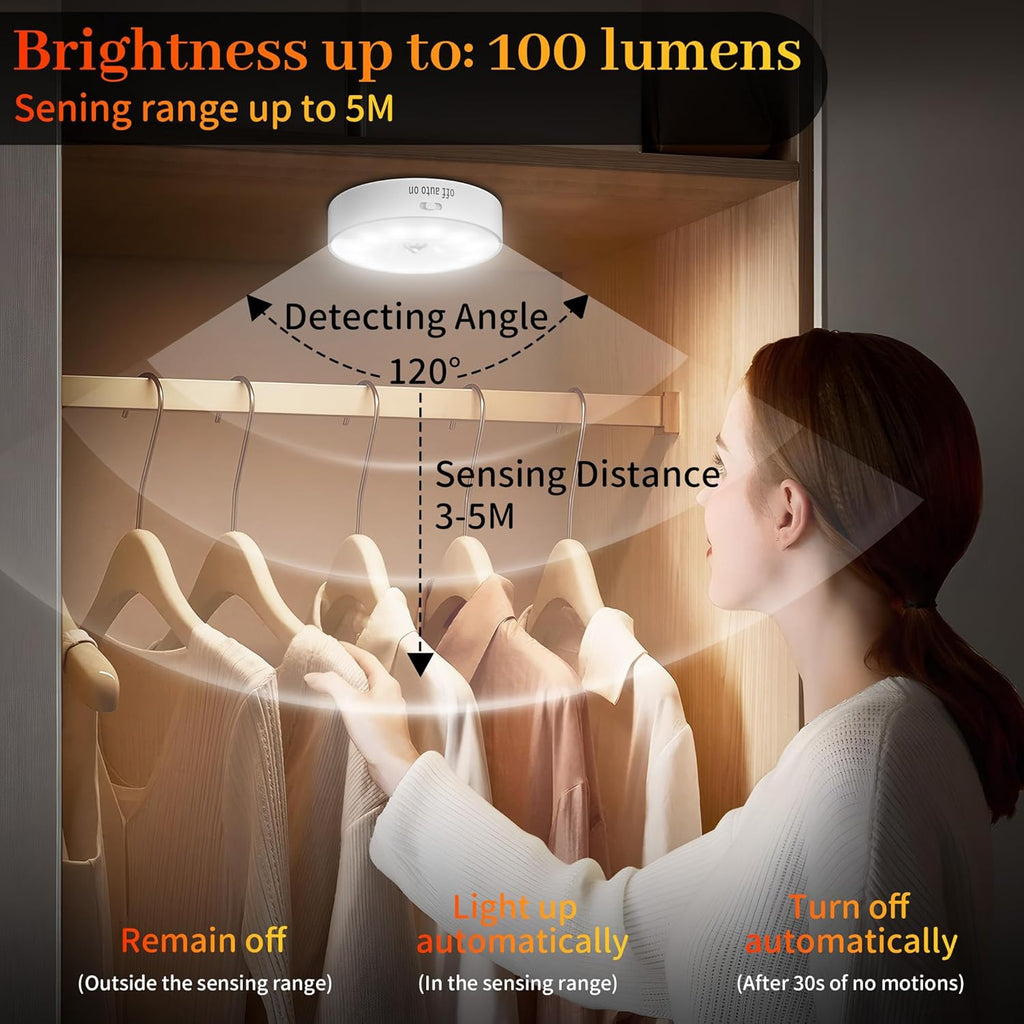 Indoor Motion Sensor Lights - 6 Pack Wireless USB Rechargeable Puck Lights for Cabinets, Stairs, Wardrobes, and Corridors