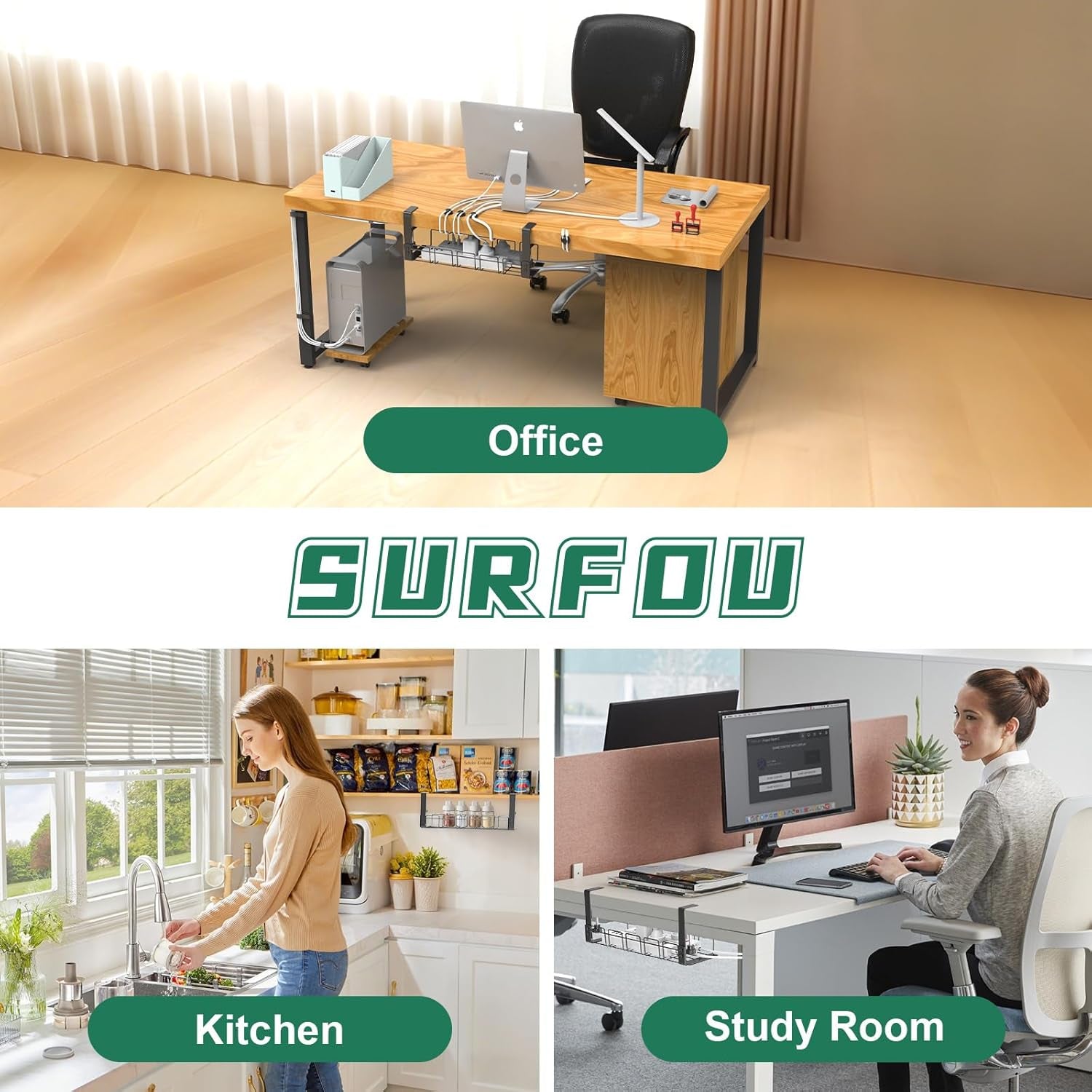 Under-Desk Cable Management Tray - No Drill, Screwless Wire Organizer for Power Strips and Cables, Ideal for Home, Office, Kitchen, and Standing Desks, Black