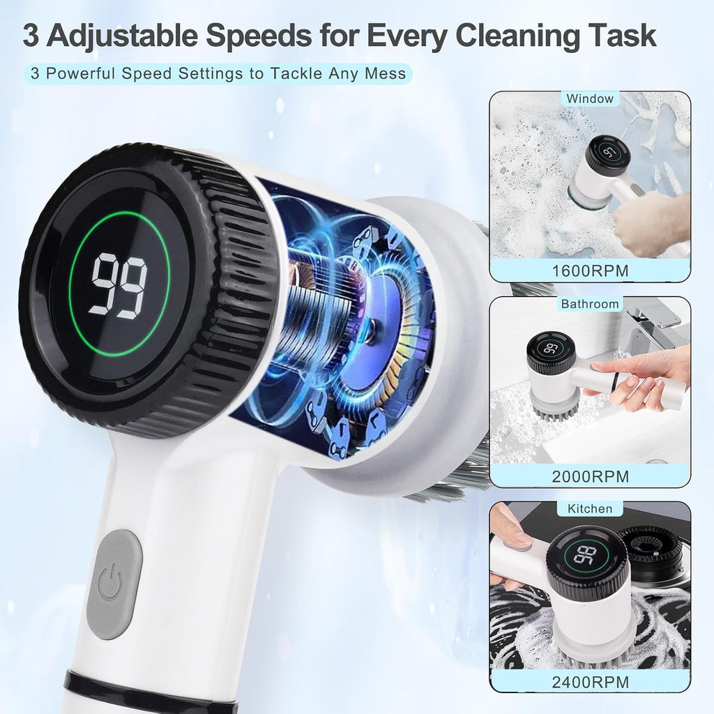 Cordless Electric Spin Scrubber - 5-in-1 Rechargeable Cleaning Brush with 3 Speed Settings and LED Display for Bathroom, Tile, Car, Floor, and Kitchen Cleaning