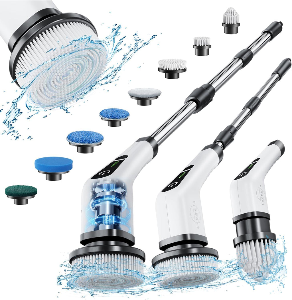 Cordless Electric Spin Scrubber with 8 Replaceable Brush Heads and Extendable Handle for Efficient Bathroom and Kitchen Cleaning, 300/400 RPM Rotation for Floor and Tile Surfaces