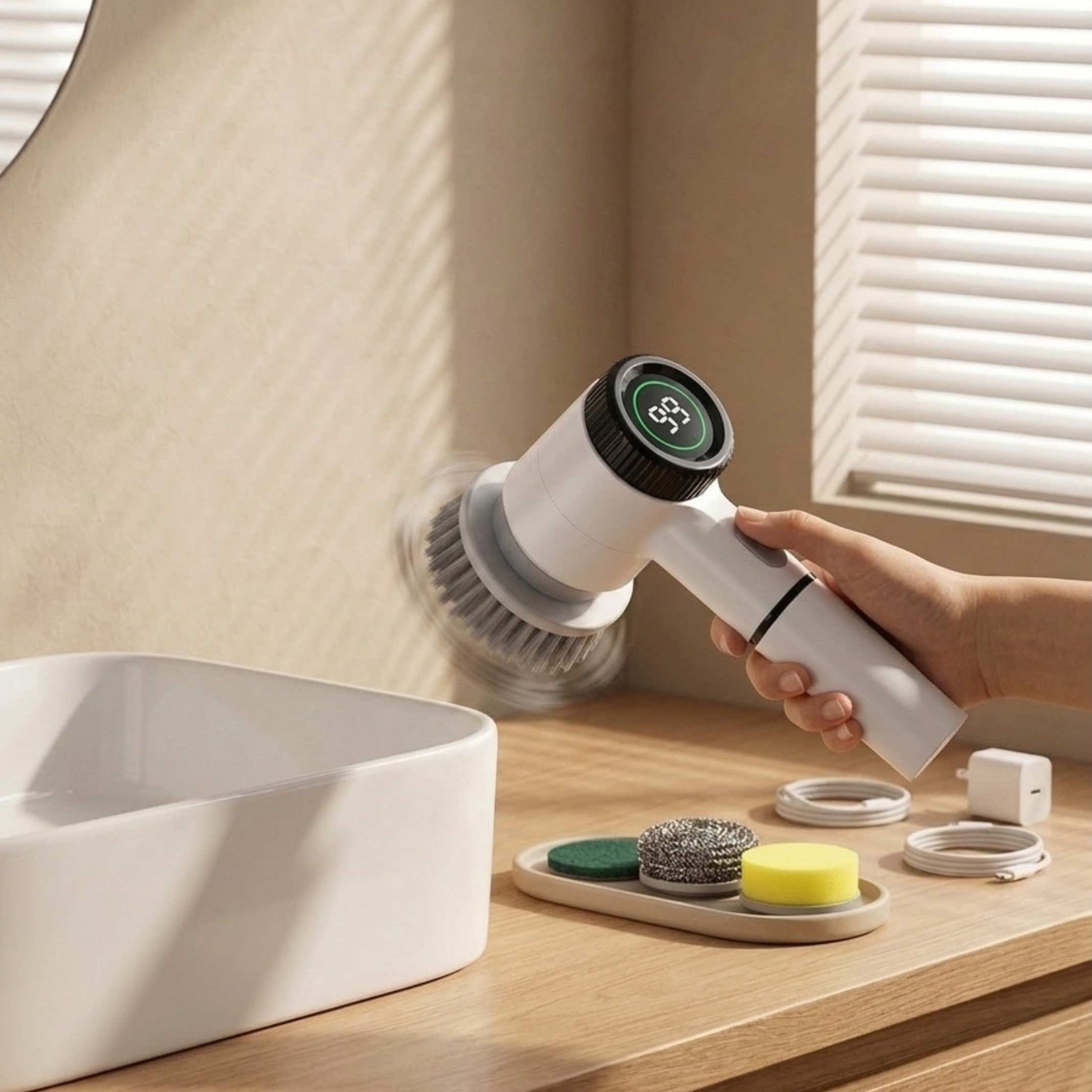 A handheld electric cleaning brush with a digital temperature display is being used to clean a bathroom mirror above a sink. A hand holds the brush, which has a white body, black handle, and gray bristles.
