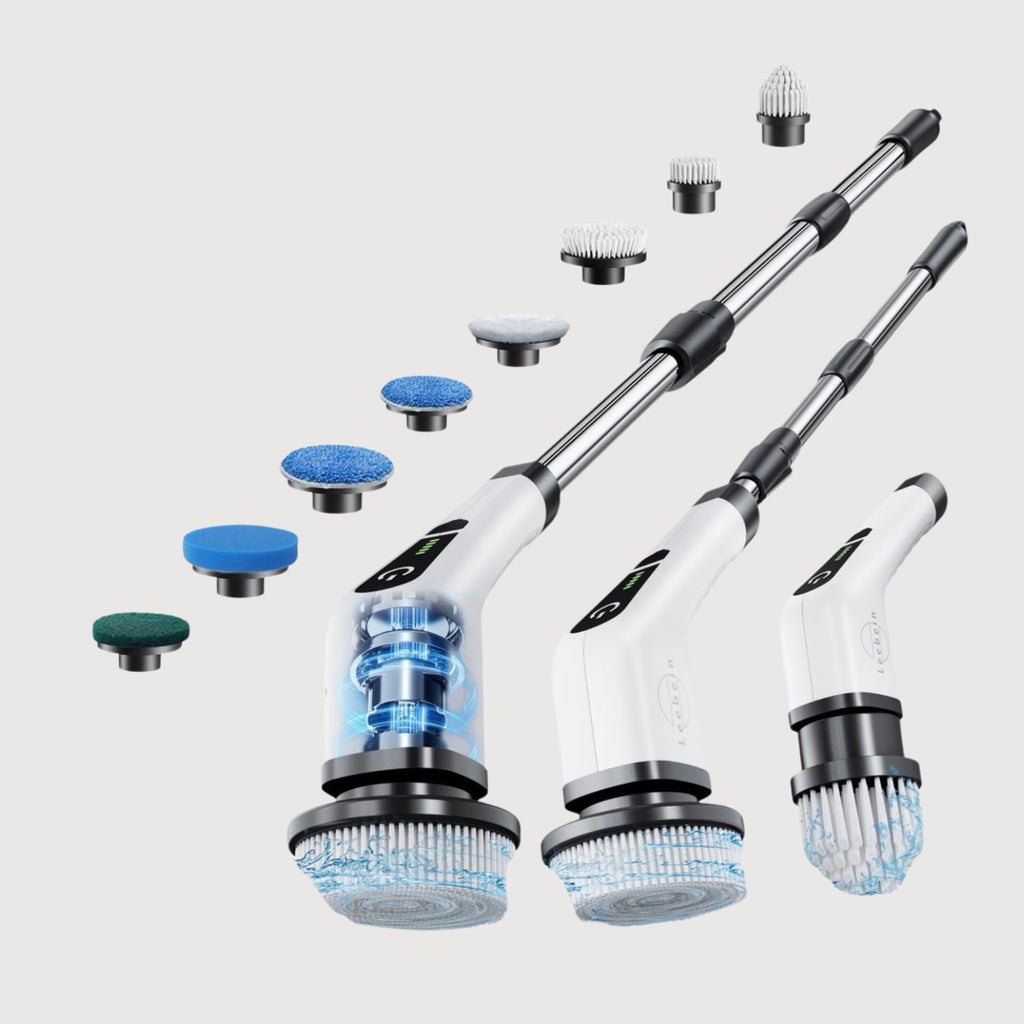 Cordless Electric Spin Scrubber with 8 Replaceable Brush Heads and Extendable Handle for Efficient Bathroom and Kitchen Cleaning, 300/400 RPM Rotation for Floor and Tile Surfaces