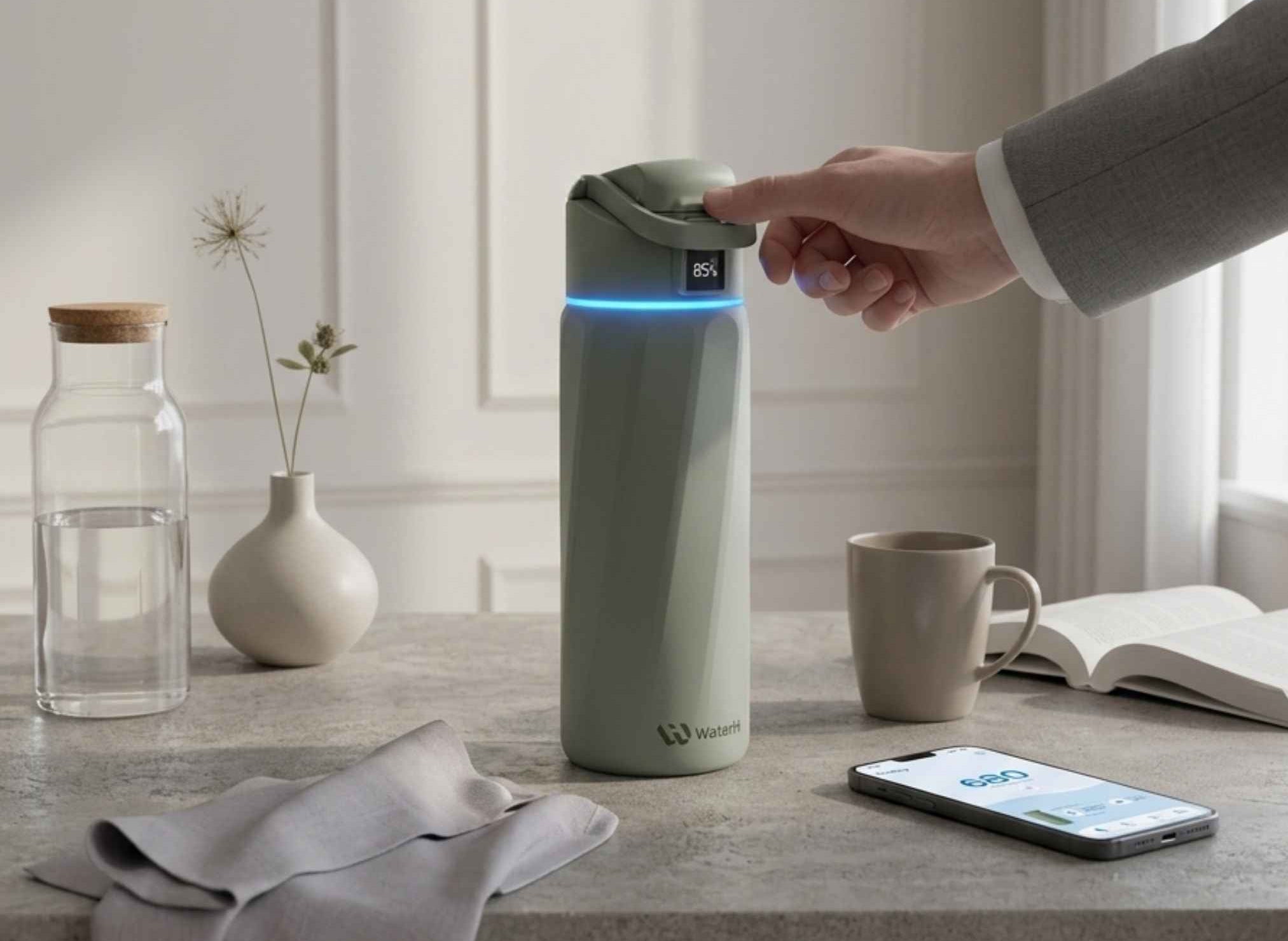 A sage green smart water bottle with a digital display and blue LED light band, being tapped by a person's hand on a gray stone tabletop. The scene includes a glass bottle, a ceramic vase with dried flowers, a beige mug, an open book, and a smartphone in a bright, modern room.