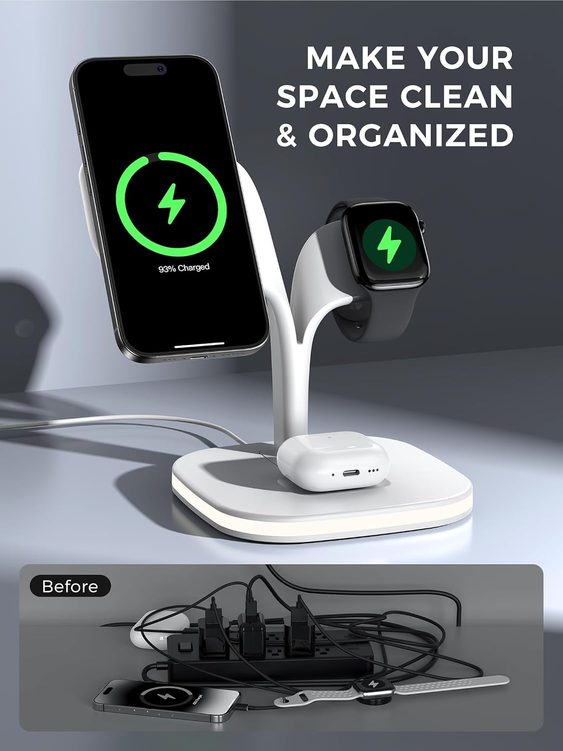 3 in 1 Wireless Charging Station for Apple Magsafe Charger for Iphone 17E Air 17 16 15 14 13 12 Series, Magnetic Stand for Apple Watch 11/10/9/8/7/6/5/4/3/2/Ultra/Se, for Airpods Pro/3/2(With 20W PD)