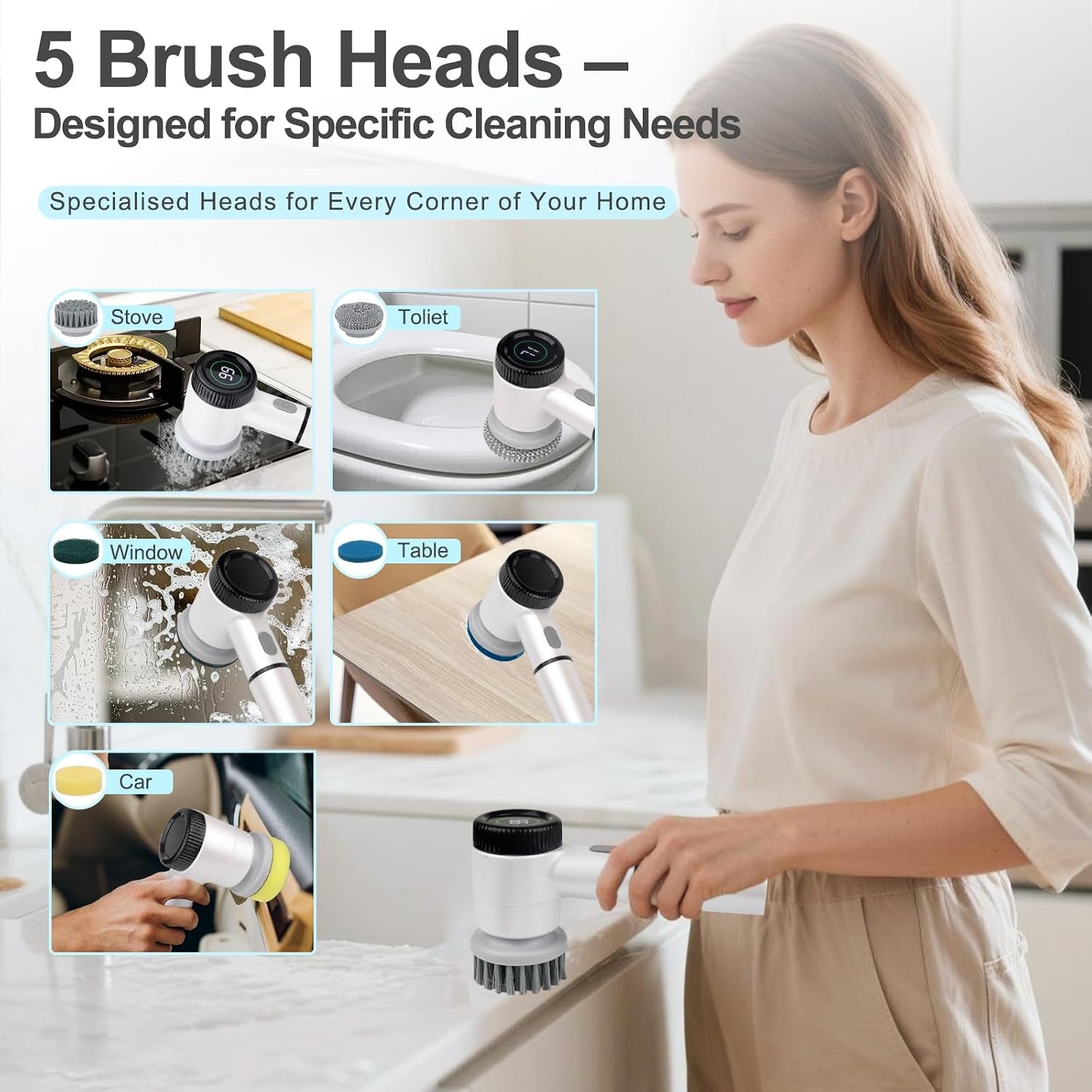 Cordless Electric Spin Scrubber - 5-in-1 Rechargeable Cleaning Brush with 3 Speed Settings and LED Display for Bathroom, Tile, Car, Floor, and Kitchen Cleaning