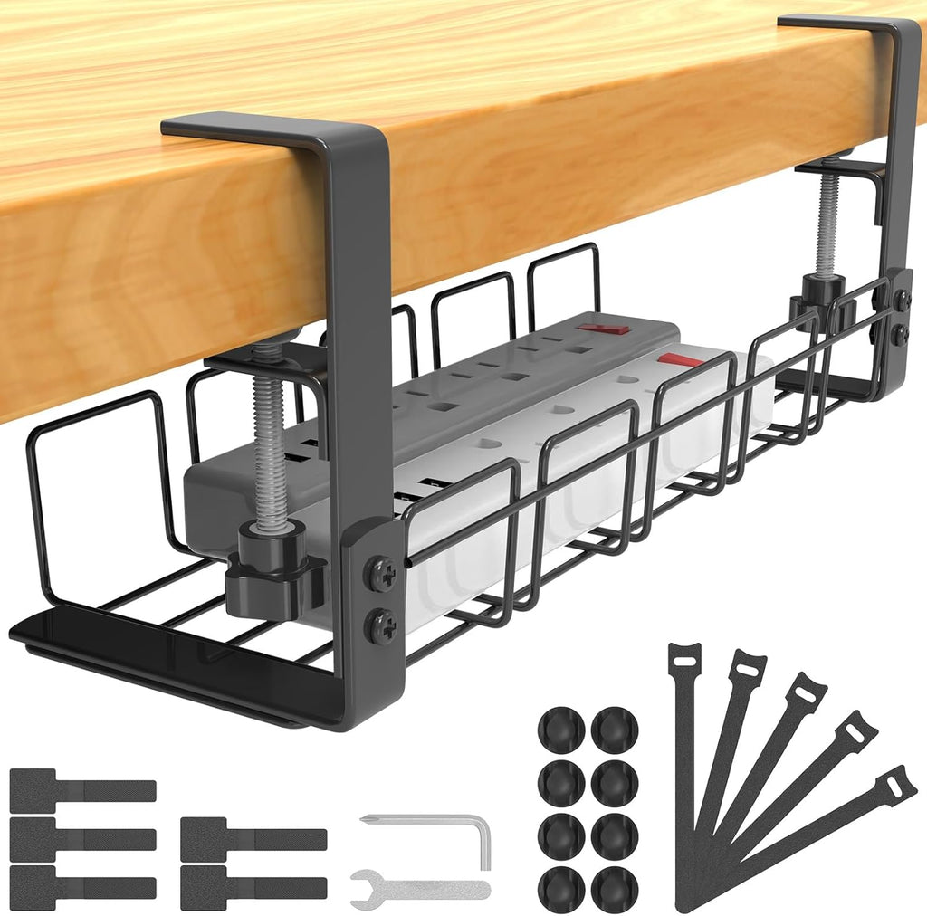 Under-Desk Cable Management Tray - No Drill, Screwless Wire Organizer for Power Strips and Cables, Ideal for Home, Office, Kitchen, and Standing Desks, Black