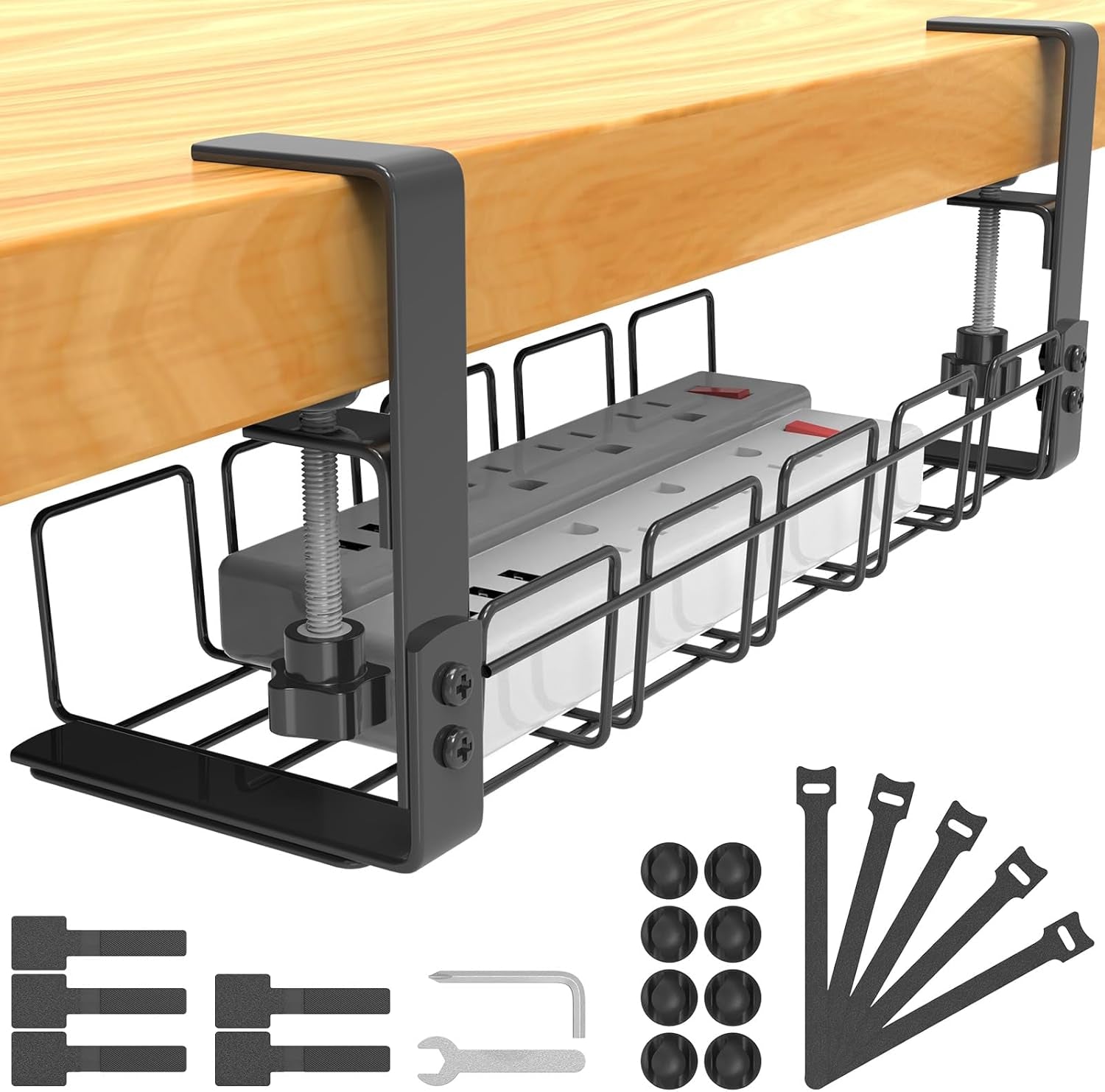 Under-Desk Cable Management Tray - No Drill, Screwless Wire Organizer for Power Strips and Cables, Ideal for Home, Office, Kitchen, and Standing Desks, Black