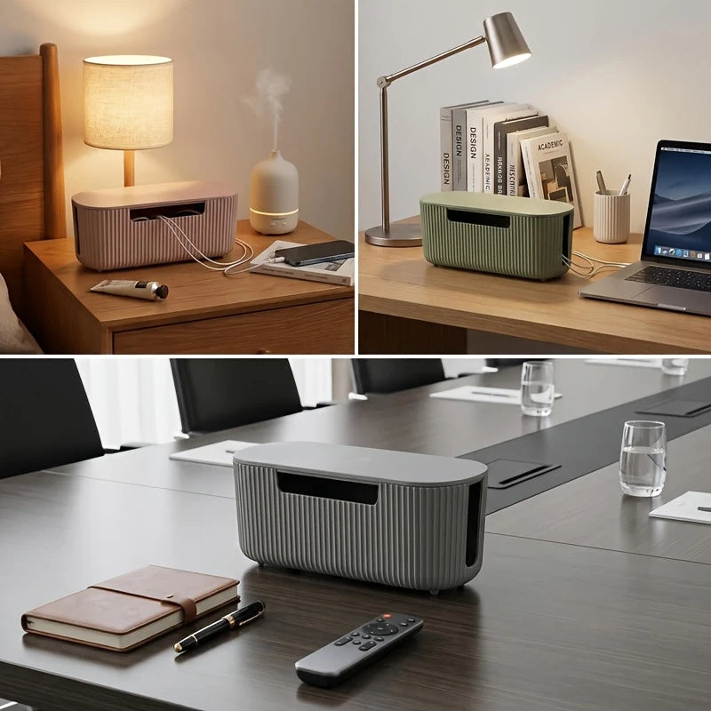 Cable Management Box Kit for Concealing Power Strip Cords - Durable ABS Material Organizer with Clips and Sleeves for Home and Office Use