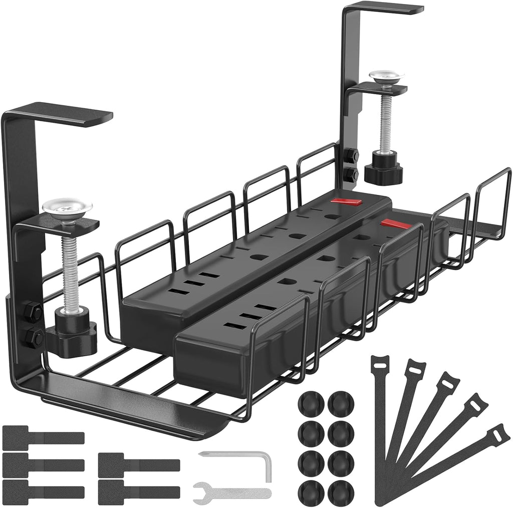 Under-Desk Cable Management Tray - No Drill, Screwless Wire Organizer for Power Strips and Cables, Ideal for Home, Office, Kitchen, and Standing Desks, Black