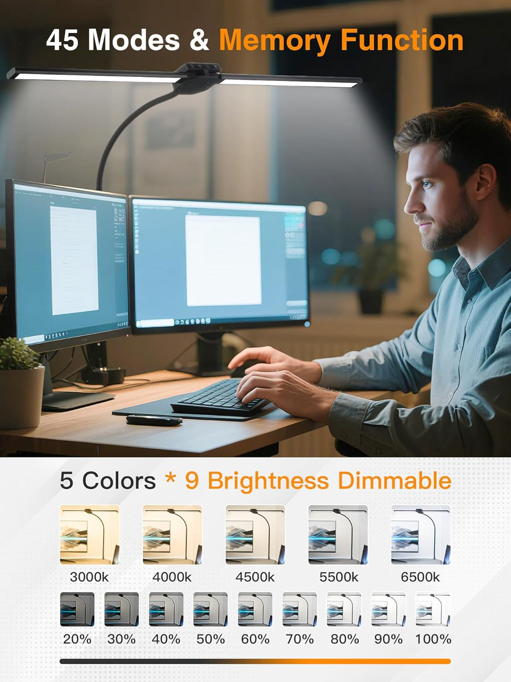 LED Desk Lamp with Clamp - 5 Color Modes & 9 Brightness Levels, 1200 Lumen, 12W for Home Office, Remote Control & Timer, Ideal for Study, Reading, Workbench, and Crafting