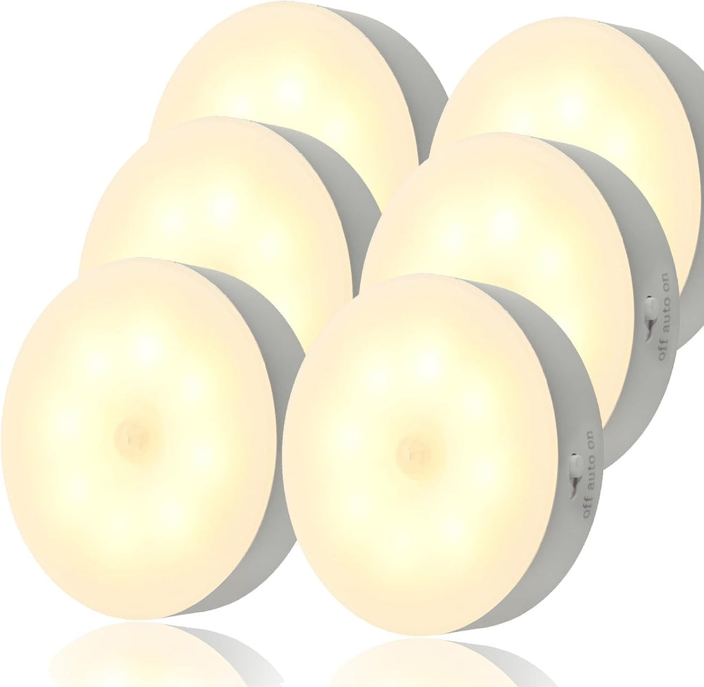 USB Rechargeable Motion Sensor Night Light, Warm White LED, Magnetic Indoor Lamps for Stairways, Cupboards, Hallways, Kitchens, Wardrobes, and Closets (6-Pack)