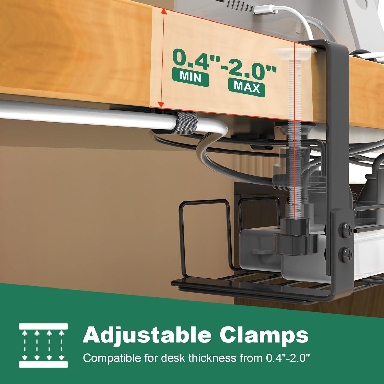 Under-Desk Cable Management Tray - No Drill, Screwless Wire Organizer for Power Strips and Cables, Ideal for Home, Office, Kitchen, and Standing Desks, Black