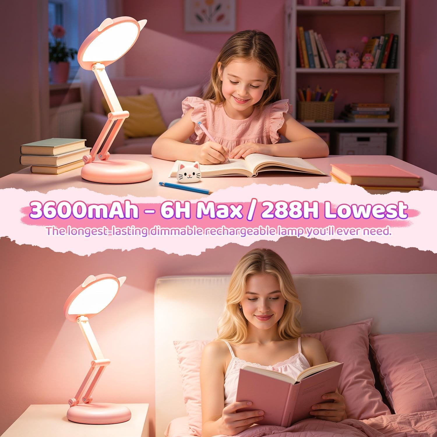 Pink Dimmable Reading Lamp for Kids - 3600mAh Battery with 17 Hours of Use, Ideal for Girls' Bedroom Decor and Bedside Table Accent