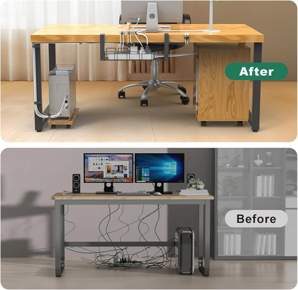 Under-Desk Cable Management Tray - No Drill, Screwless Wire Organizer for Power Strips and Cables, Ideal for Home, Office, Kitchen, and Standing Desks, Black