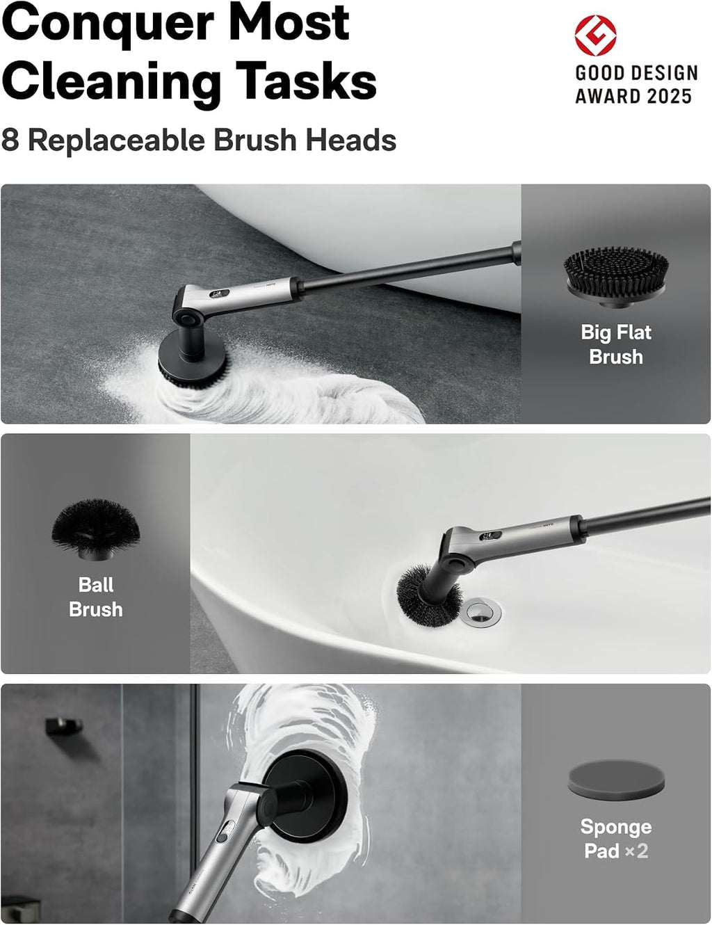 Flexi™ Electric Cleaning Brush with Adjustable Angle, Extendable Handle, Smart Display, IPX7 Waterproof Rating, and 8 Replaceable Brush Heads for Bathroom and Tile Cleaning