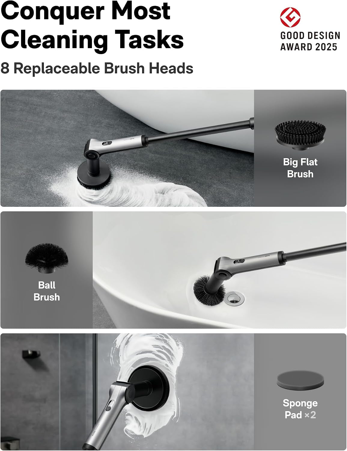 Flexi™ Electric Cleaning Brush with Adjustable Angle, Extendable Handle, Smart Display, IPX7 Waterproof Rating, and 8 Replaceable Brush Heads for Bathroom and Tile Cleaning