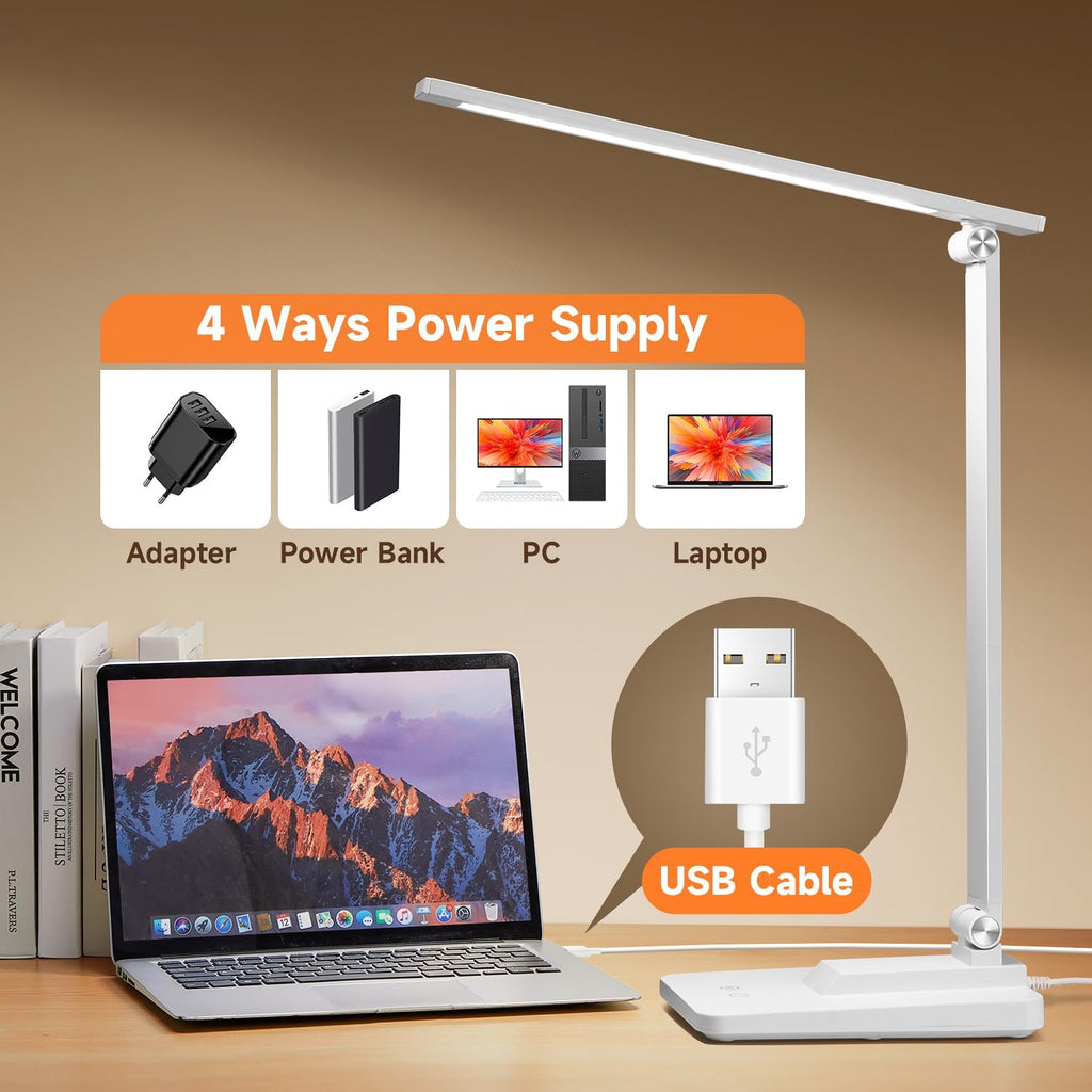 LED Desk Lamp with 15 Adjustable Modes, Dimmable Bedside Lighting, Timer Function, Multi-Powered for Study and Reading, Ideal for Bedroom, Home, and Office Use