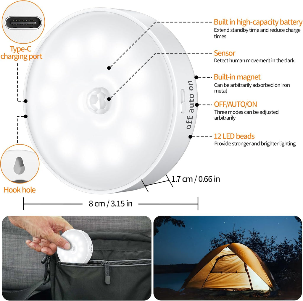 Indoor Motion Sensor Lights - 6 Pack Wireless USB Rechargeable Puck Lights for Cabinets, Stairs, Wardrobes, and Corridors