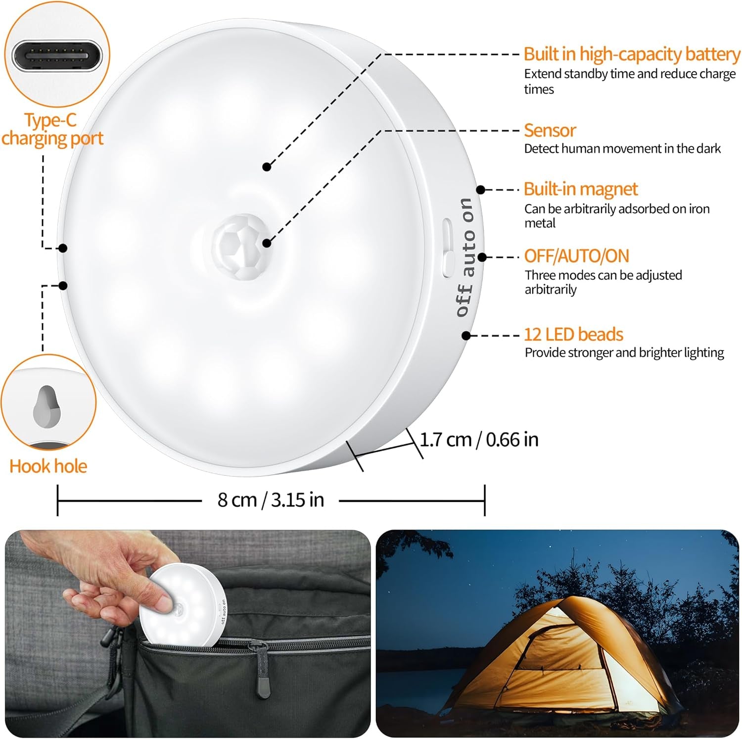 Indoor Motion Sensor Lights - 6 Pack Wireless USB Rechargeable Puck Lights for Cabinets, Stairs, Wardrobes, and Corridors