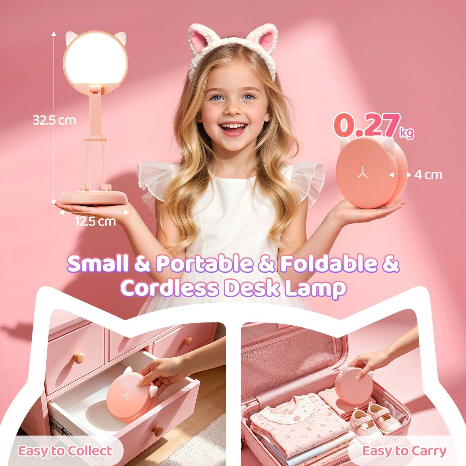 Pink Dimmable Reading Lamp for Kids - 3600mAh Battery with 17 Hours of Use, Ideal for Girls' Bedroom Decor and Bedside Table Accent